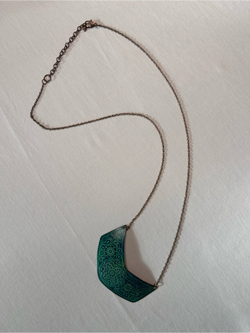 Green Patina Floral Pendant Necklace Boho Etched Metal Statement Jewelry
